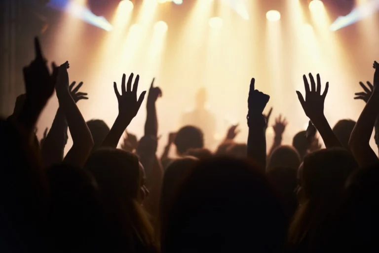 Silhouetted crowd with raised hands at a brightly lit concert or event.