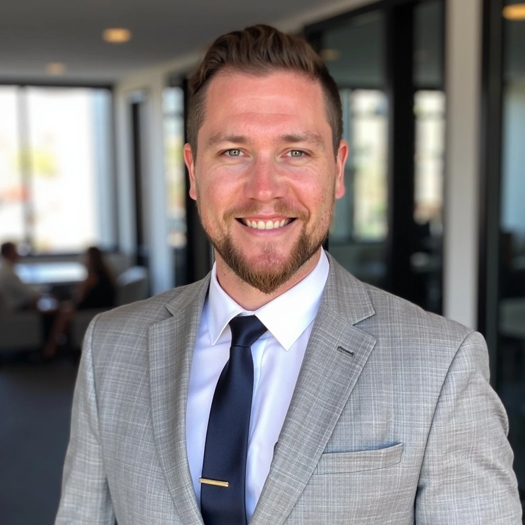 Professional man in gray suit and navy tie standing 