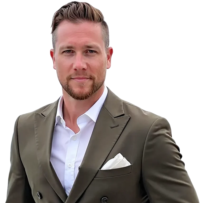 Professional man with styled hair wearing olive green double-breasted suit and white shirt.