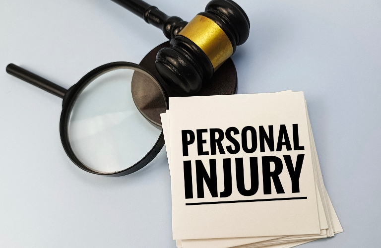 Personal Injury Legal Concept with Judge Gavel and Magnifier